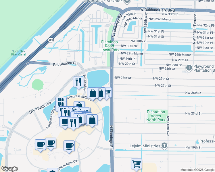 map of restaurants, bars, coffee shops, grocery stores, and more near 2681 North Flamingo Road in Plantation