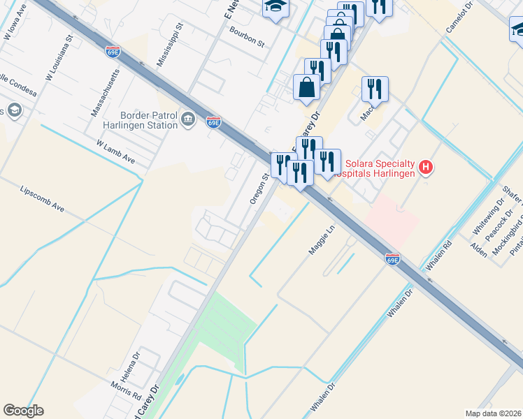 map of restaurants, bars, coffee shops, grocery stores, and more near 18 South Ed Carey Drive in Harlingen