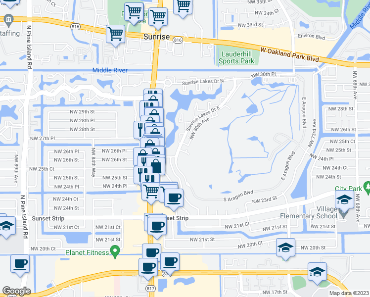 map of restaurants, bars, coffee shops, grocery stores, and more near 2711 Northwest 80th Avenue in Sunrise