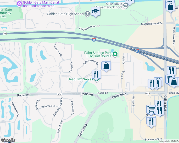 map of restaurants, bars, coffee shops, grocery stores, and more near 280 Robin Hood Circle in Naples