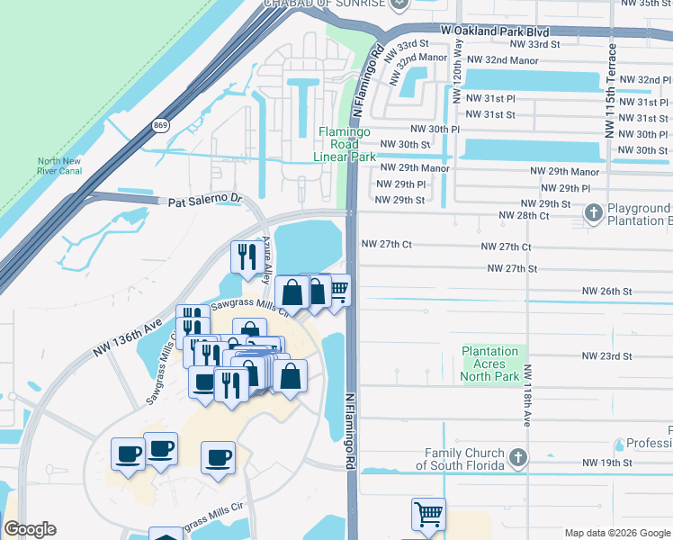 map of restaurants, bars, coffee shops, grocery stores, and more near 2681 North Flamingo Road in Plantation