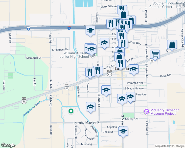 map of restaurants, bars, coffee shops, grocery stores, and more near 304 N Canal St in La Feria