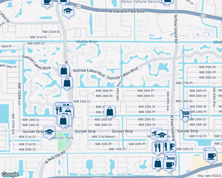 map of restaurants, bars, coffee shops, grocery stores, and more near 9537 Northwest 26th Place in Sunrise