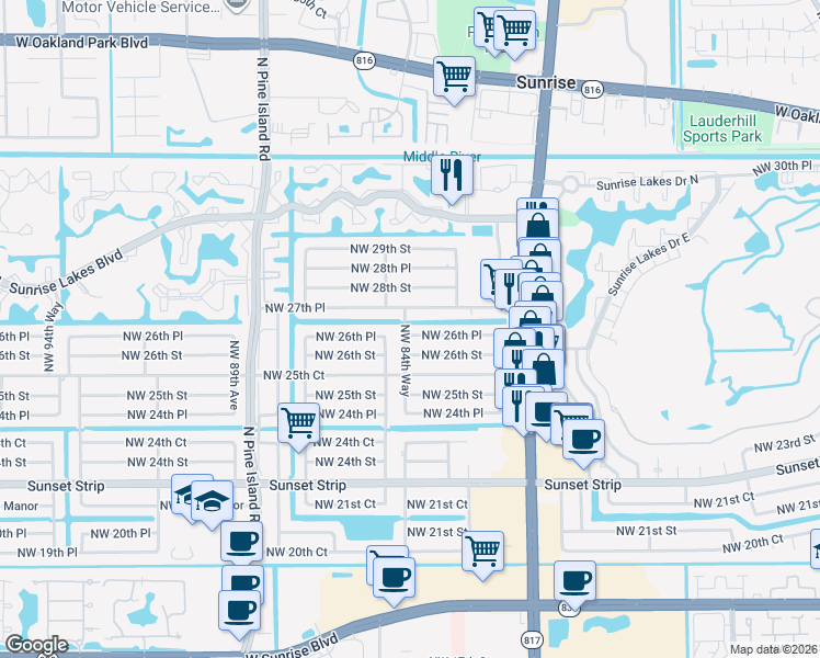 map of restaurants, bars, coffee shops, grocery stores, and more near 8481 Northwest 26th Place in Sunrise