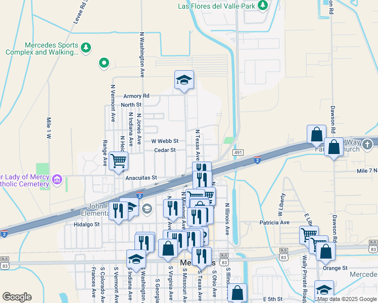 map of restaurants, bars, coffee shops, grocery stores, and more near 726 North Texas Avenue in Mercedes