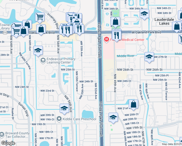 map of restaurants, bars, coffee shops, grocery stores, and more near 5306 Northwest 25th Street in Lauderhill