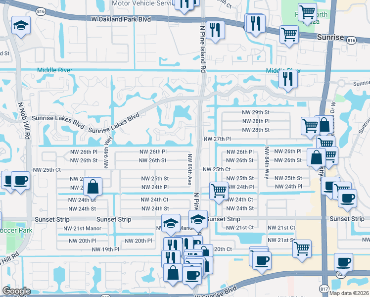 map of restaurants, bars, coffee shops, grocery stores, and more near 8961 Northwest 26th Place in Sunrise