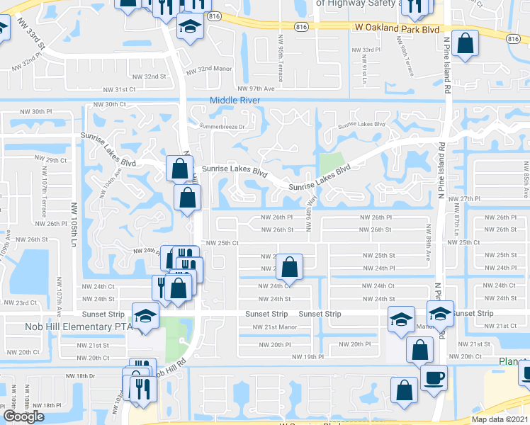 map of restaurants, bars, coffee shops, grocery stores, and more near 9637 Northwest 26th Place in Sunrise