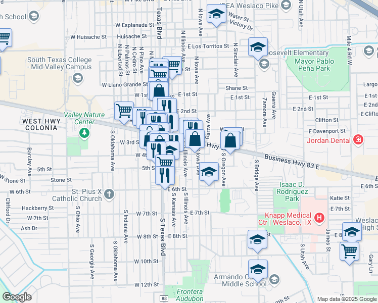 map of restaurants, bars, coffee shops, grocery stores, and more near 209 East Business 83 in Weslaco