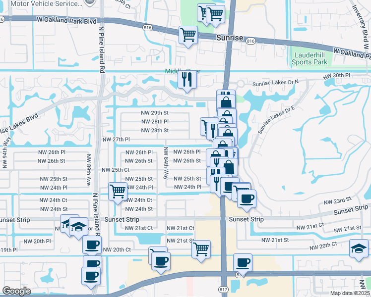 map of restaurants, bars, coffee shops, grocery stores, and more near 8393 Northwest 26th Place in Sunrise