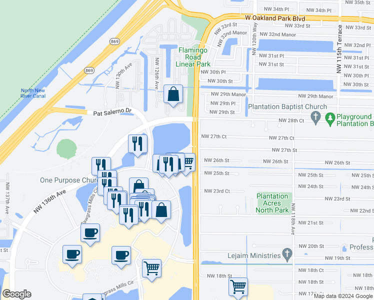 map of restaurants, bars, coffee shops, grocery stores, and more near 2681 North Flamingo Road in Plantation