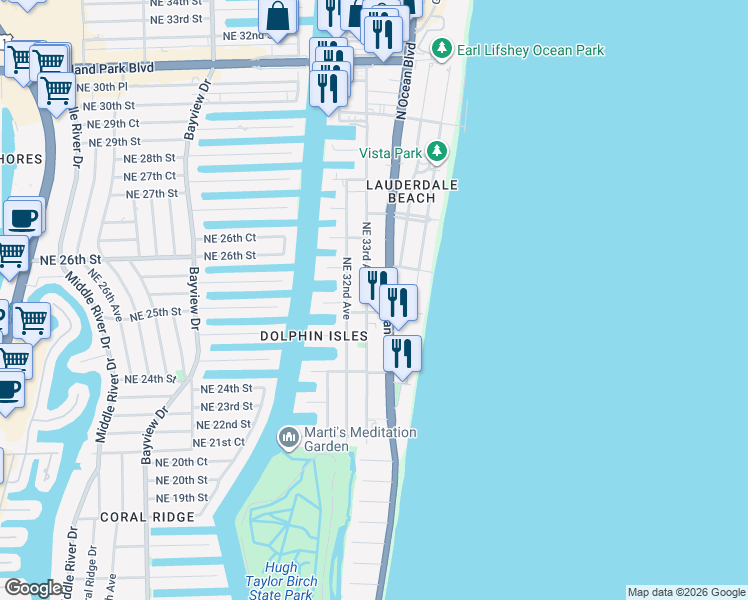 map of restaurants, bars, coffee shops, grocery stores, and more near 2313 North Ocean Boulevard in Fort Lauderdale
