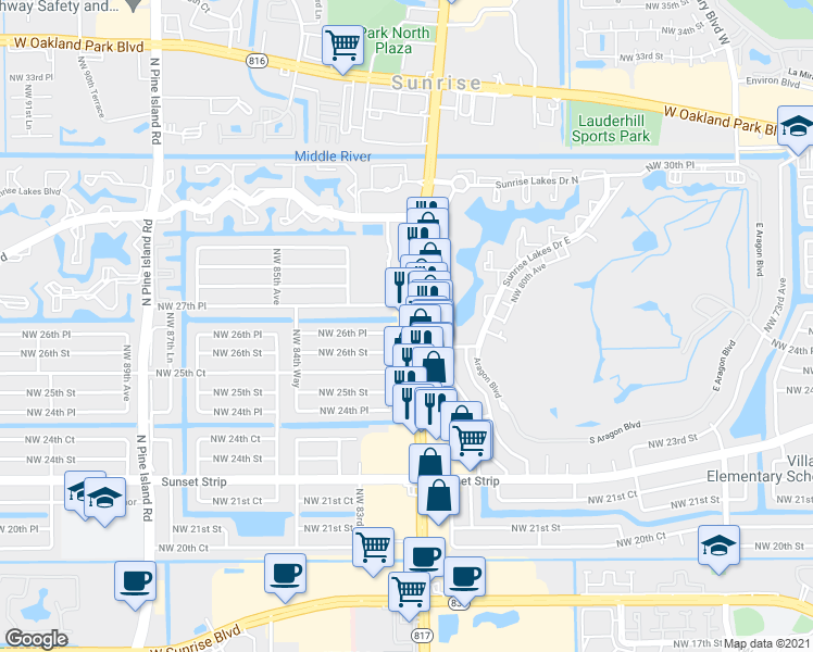 map of restaurants, bars, coffee shops, grocery stores, and more near 2675 Florida 817 in Sunrise