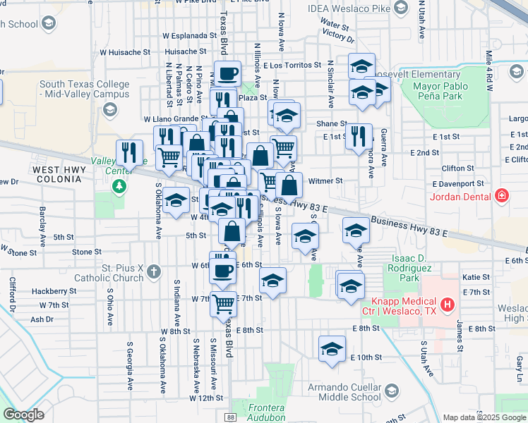 map of restaurants, bars, coffee shops, grocery stores, and more near 209 East Business 83 in Weslaco