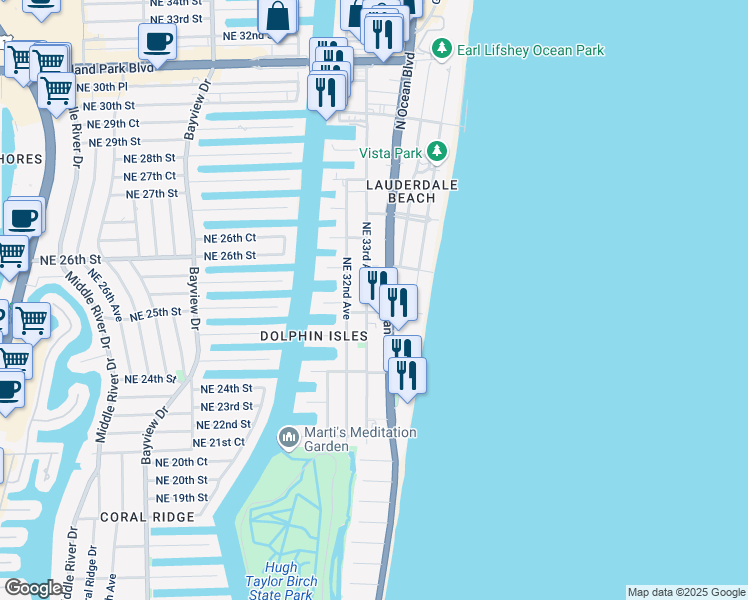 map of restaurants, bars, coffee shops, grocery stores, and more near 2300 Northeast 33rd Avenue in Fort Lauderdale
