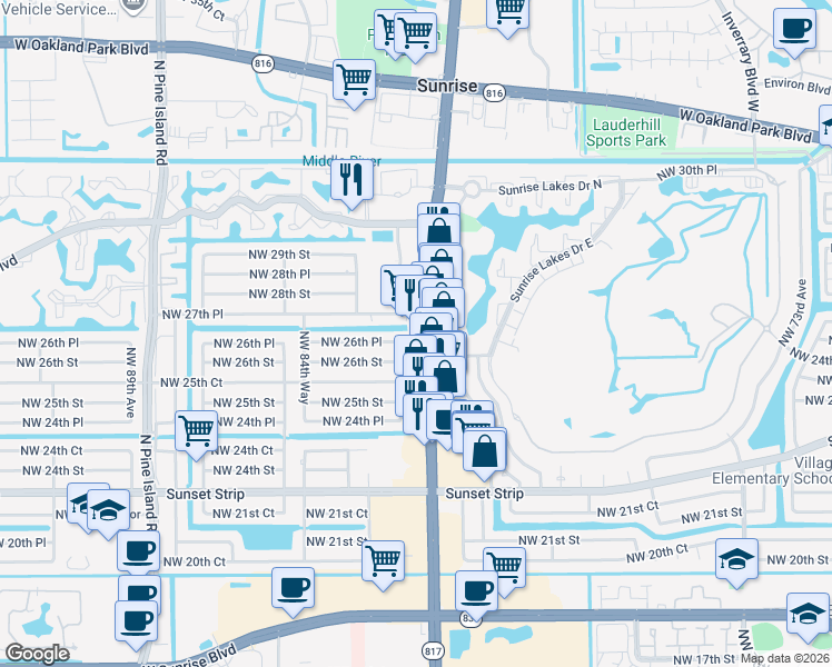 map of restaurants, bars, coffee shops, grocery stores, and more near 2675 North University Drive in Sunrise