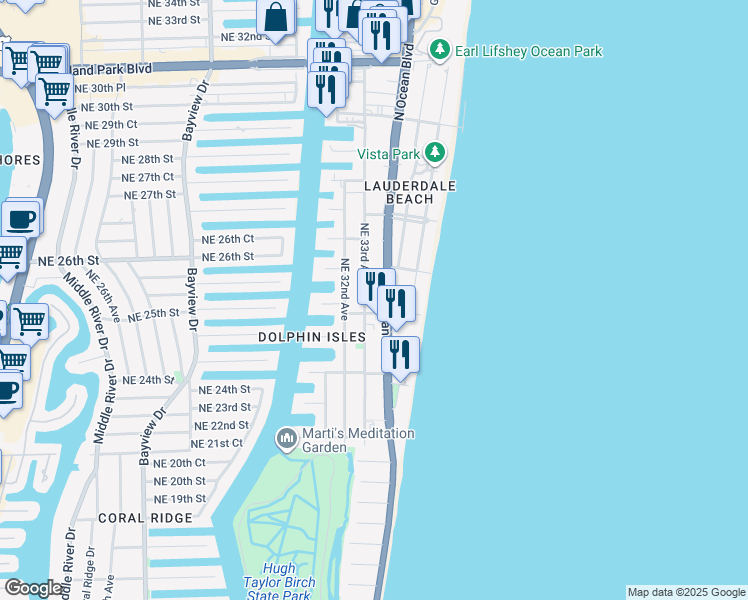 map of restaurants, bars, coffee shops, grocery stores, and more near 2313 North Ocean Boulevard in Fort Lauderdale