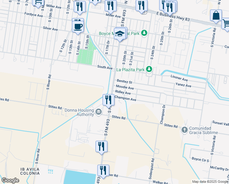 map of restaurants, bars, coffee shops, grocery stores, and more near 914 South Salinas Boulevard in Donna