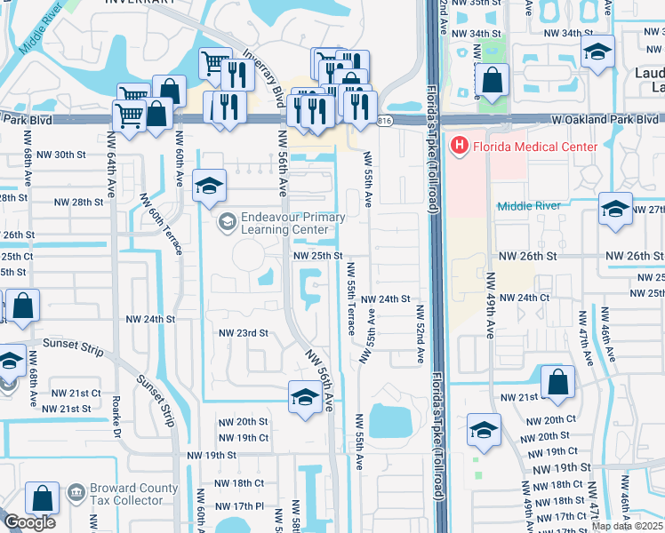 map of restaurants, bars, coffee shops, grocery stores, and more near 2444 Northwest 55th Way in Lauderhill