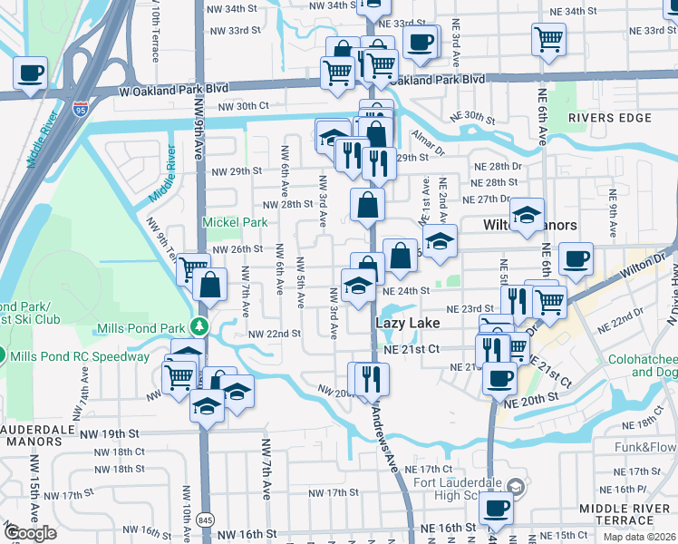 map of restaurants, bars, coffee shops, grocery stores, and more near 232 Northwest 25th Street in Wilton Manors