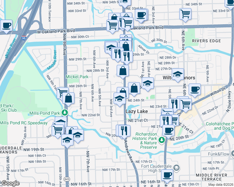 map of restaurants, bars, coffee shops, grocery stores, and more near 232 Northwest 25th Street in Wilton Manors