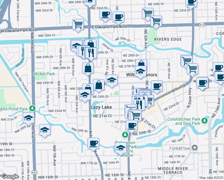 map of restaurants, bars, coffee shops, grocery stores, and more near 2401 Northeast 3rd Avenue in Wilton Manors