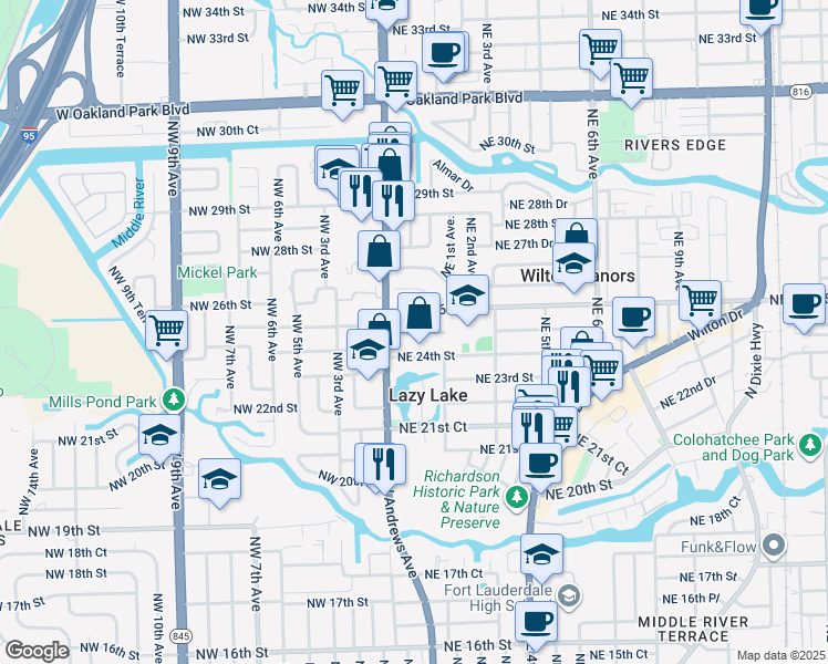 map of restaurants, bars, coffee shops, grocery stores, and more near 43 Northeast 25th Street in Wilton Manors