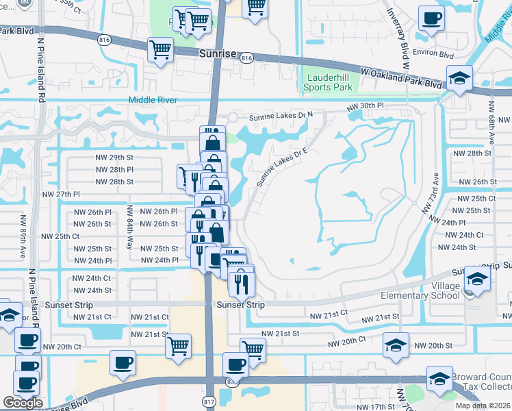 map of restaurants, bars, coffee shops, grocery stores, and more near 8040 Northwest 27th Court in Sunrise