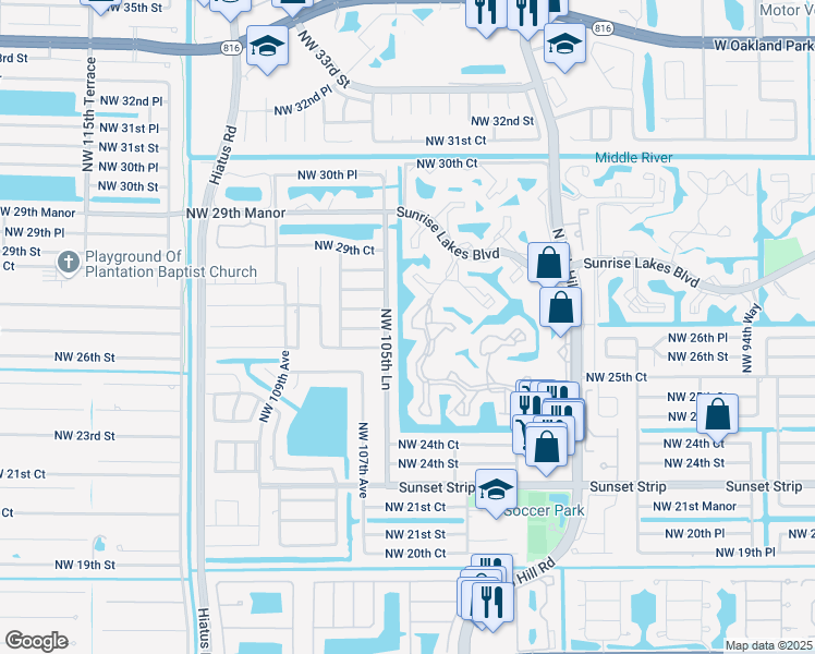 map of restaurants, bars, coffee shops, grocery stores, and more near 2607 Northwest 104th Avenue in Sunrise