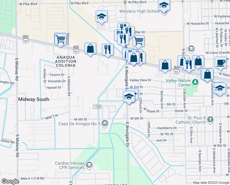 map of restaurants, bars, coffee shops, grocery stores, and more near 310 Regency Lane in Weslaco