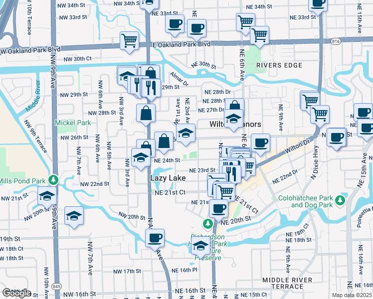 map of restaurants, bars, coffee shops, grocery stores, and more near 2401 Northeast 3rd Avenue in Wilton Manors