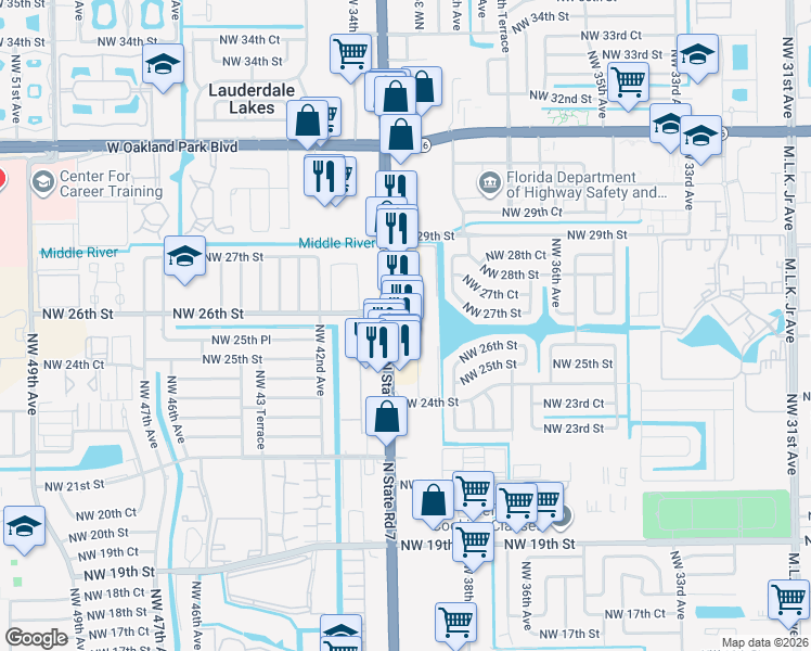 map of restaurants, bars, coffee shops, grocery stores, and more near 2572 Florida 7 in Lauderdale Lakes