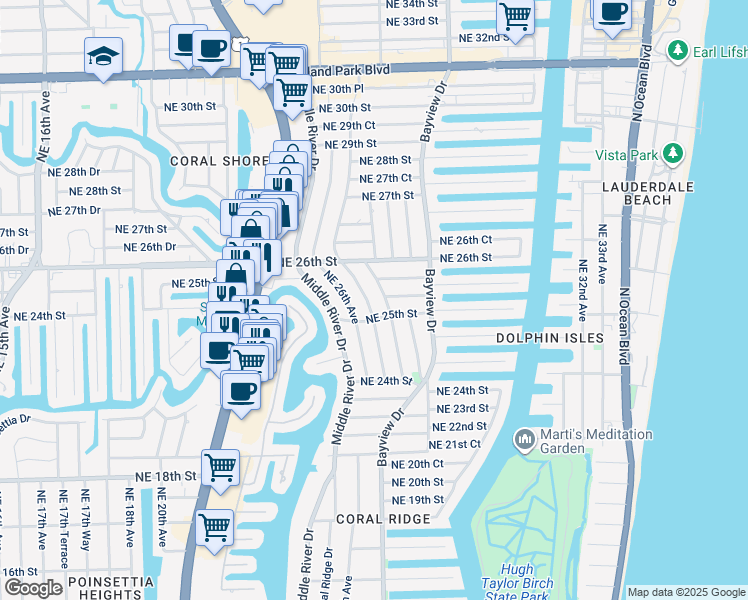 map of restaurants, bars, coffee shops, grocery stores, and more near 2516 Northeast 26th Terrace in Fort Lauderdale