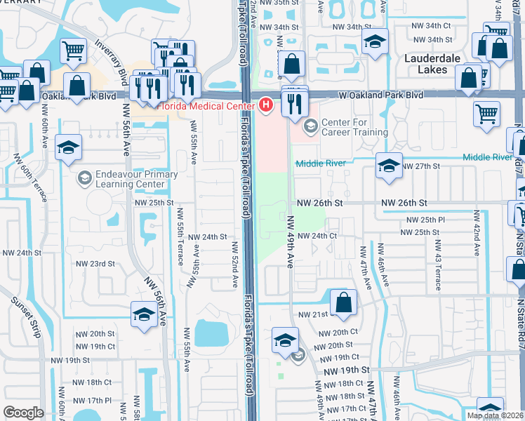 map of restaurants, bars, coffee shops, grocery stores, and more near 2575 Northwest 49th Avenue in Fort Lauderdale