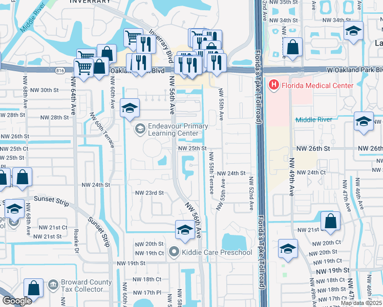 map of restaurants, bars, coffee shops, grocery stores, and more near 5546 Northwest 25th Street in Lauderhill