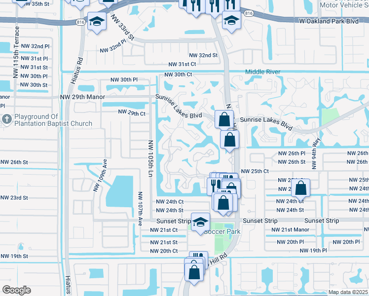 map of restaurants, bars, coffee shops, grocery stores, and more near 2638 Northwest 104th Avenue in Sunrise