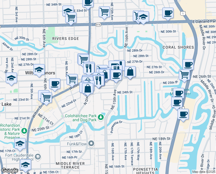 map of restaurants, bars, coffee shops, grocery stores, and more near 1457 Northeast 24th Court in Wilton Manors