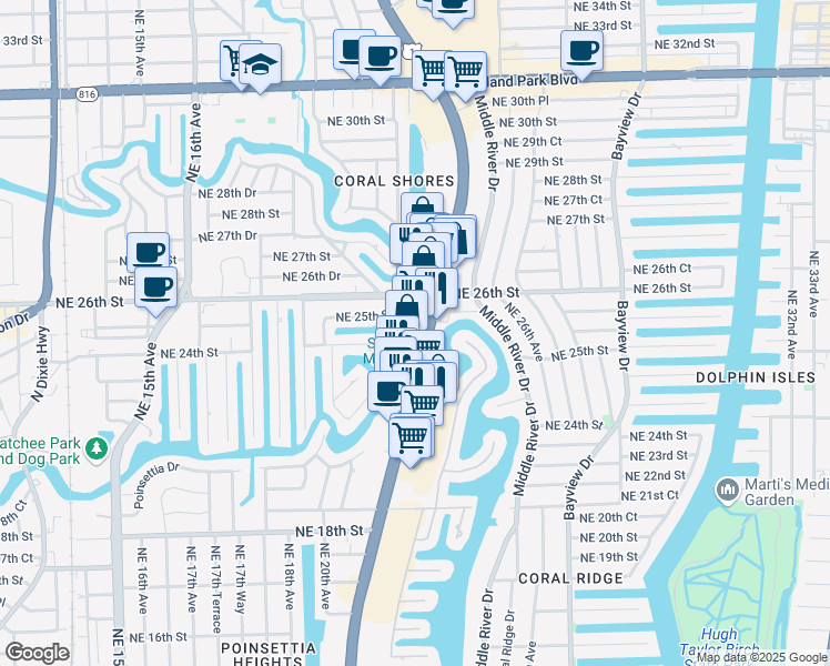 map of restaurants, bars, coffee shops, grocery stores, and more near 2525 North Federal Highway in Fort Lauderdale