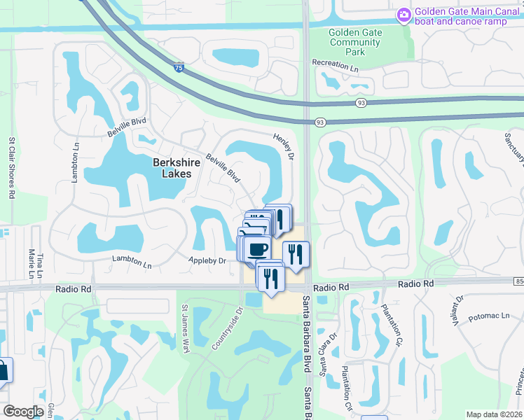 map of restaurants, bars, coffee shops, grocery stores, and more near 210 Belville Boulevard in Naples