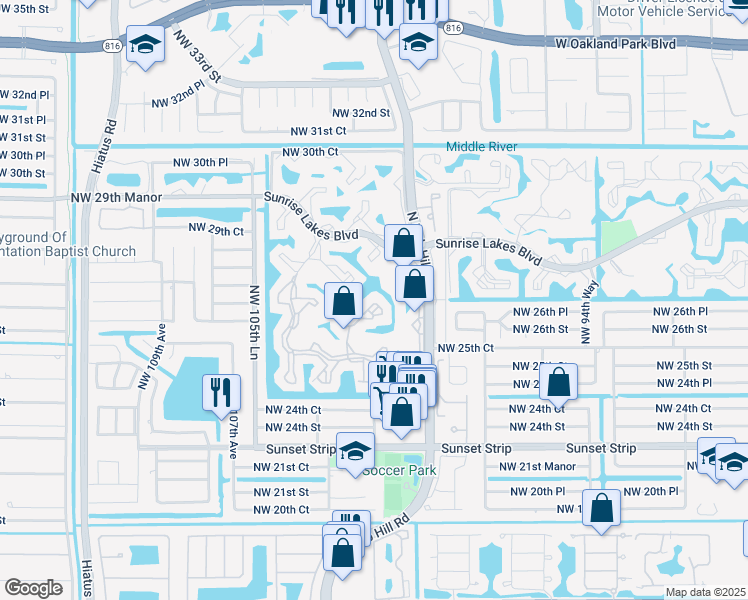 map of restaurants, bars, coffee shops, grocery stores, and more near 2602 Northwest 103rd Avenue in Sunrise
