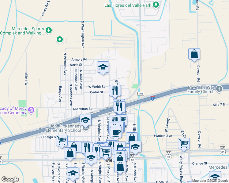 map of restaurants, bars, coffee shops, grocery stores, and more near 726 North Texas Avenue in Mercedes