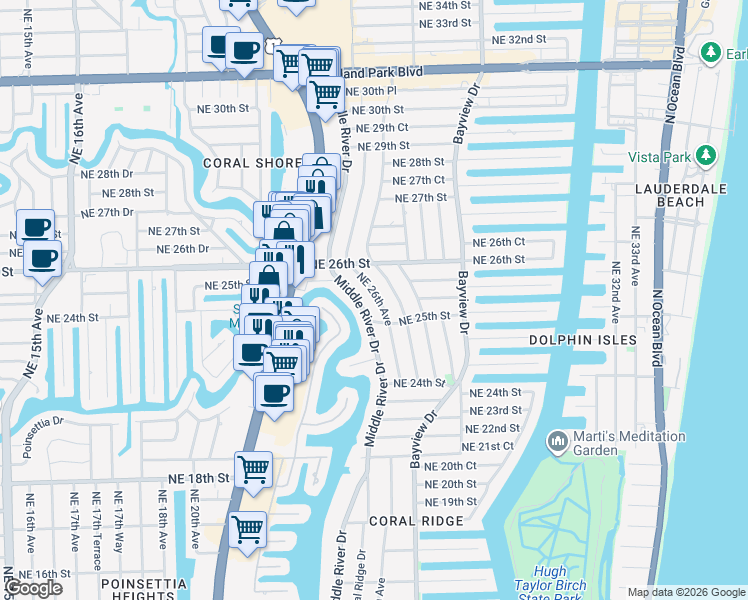 map of restaurants, bars, coffee shops, grocery stores, and more near 2525 Northeast 26th Avenue in Fort Lauderdale
