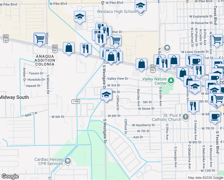 map of restaurants, bars, coffee shops, grocery stores, and more near 1204 West 4th Street in Weslaco