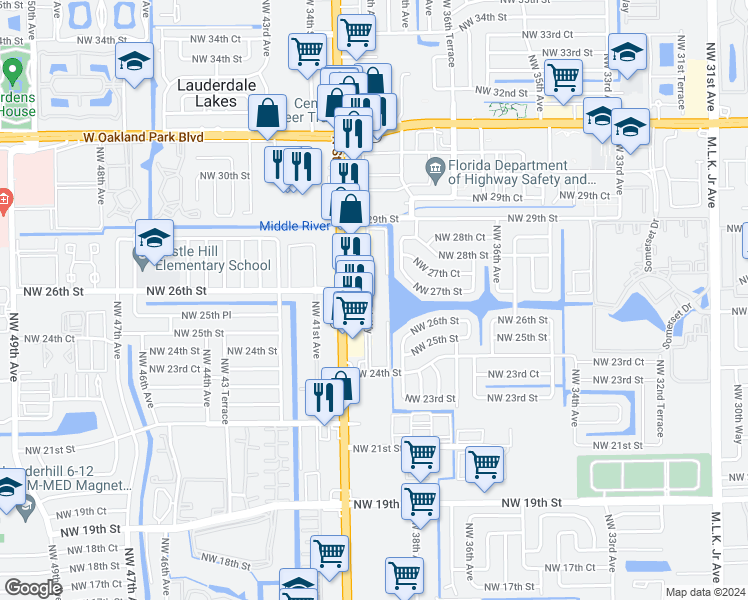 map of restaurants, bars, coffee shops, grocery stores, and more near 2572 Florida 7 in Lauderdale Lakes