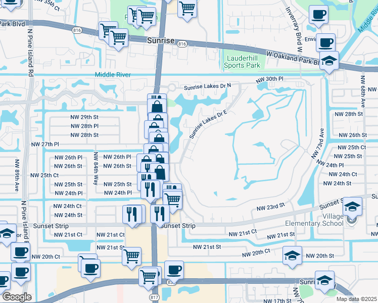 map of restaurants, bars, coffee shops, grocery stores, and more near 8040 Northwest 27th Court in Sunrise