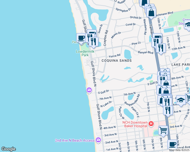 map of restaurants, bars, coffee shops, grocery stores, and more near 1065 Gulf Shore Boulevard North in Naples