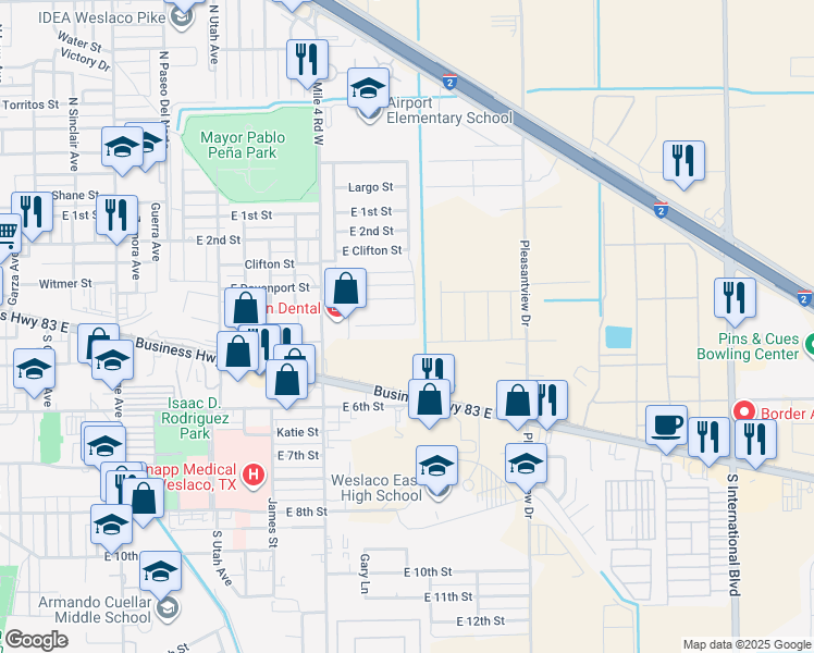 map of restaurants, bars, coffee shops, grocery stores, and more near Palo Blanco Street in Weslaco