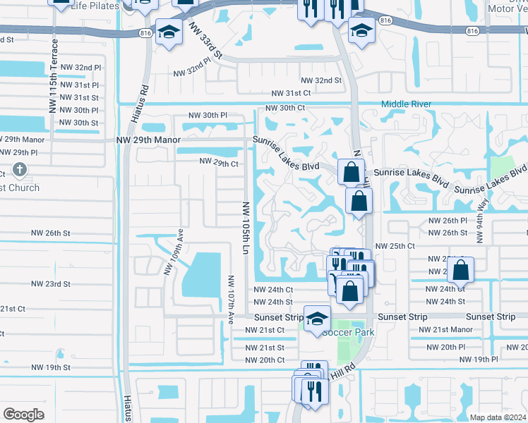 map of restaurants, bars, coffee shops, grocery stores, and more near 2607 Northwest 104th Avenue in Sunrise