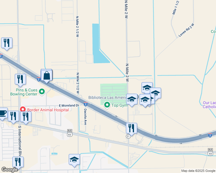 map of restaurants, bars, coffee shops, grocery stores, and more near 9227 North Mile 2 West in Mercedes