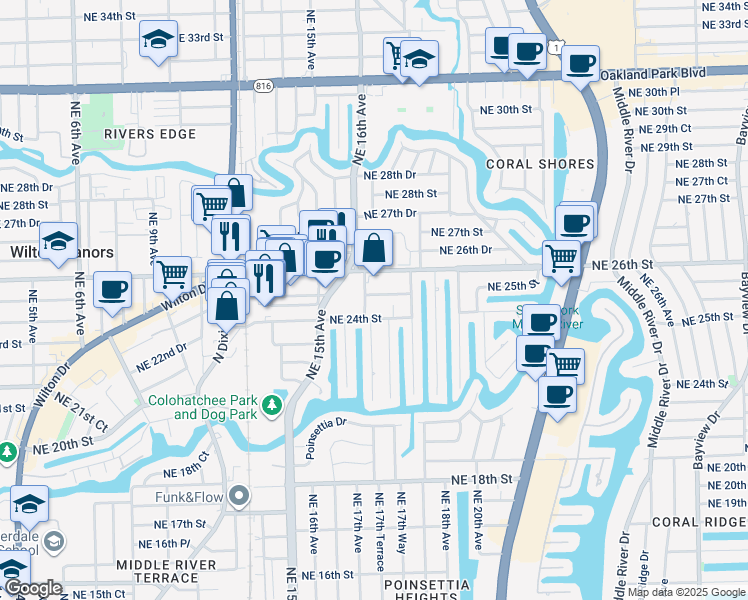 map of restaurants, bars, coffee shops, grocery stores, and more near 1604 Northeast 25th Street in Wilton Manors